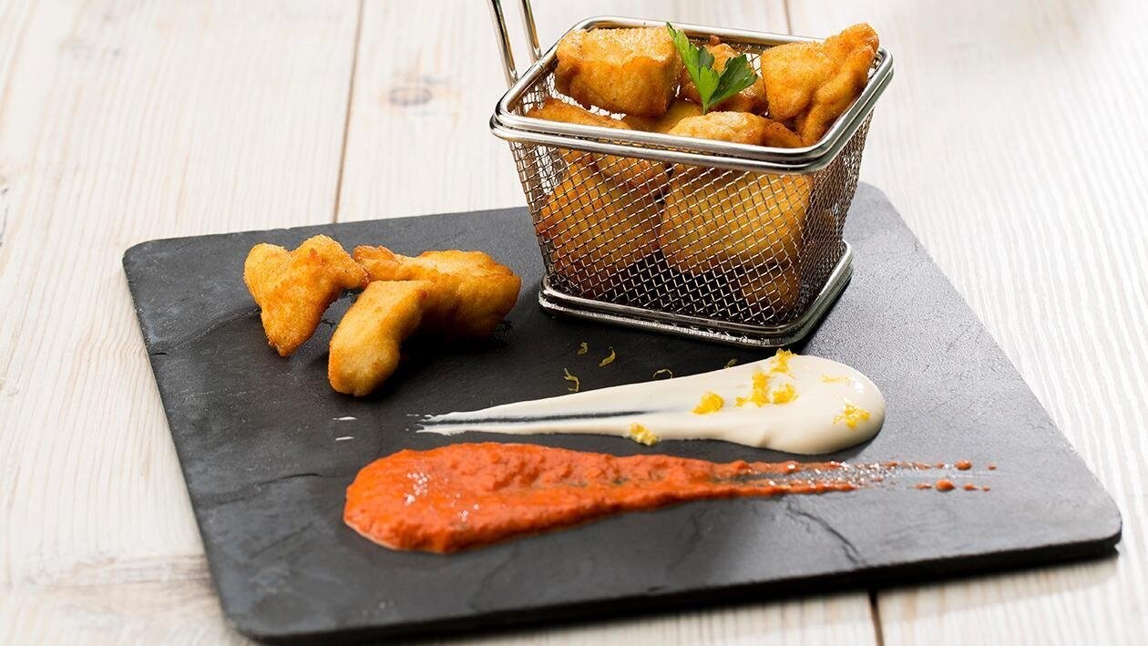 Nuggets de pollo y dip de pimiento ahumado al merkén y mayonesa picante Nuggets de pollo y dip de pimiento ahumado al merkén y mayonesa picante